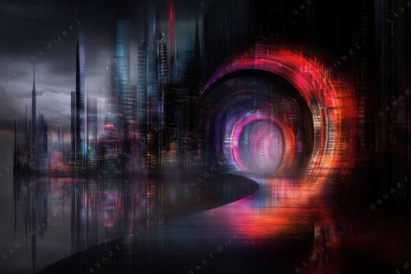 Futuristic digital art of a colorful tunnel in a dark, misty cityscape.