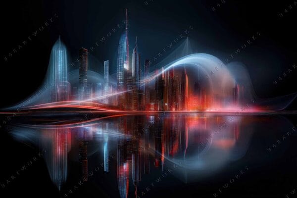 "Futuristic digital artwork of a vibrant city skyline with blue and red light trails."