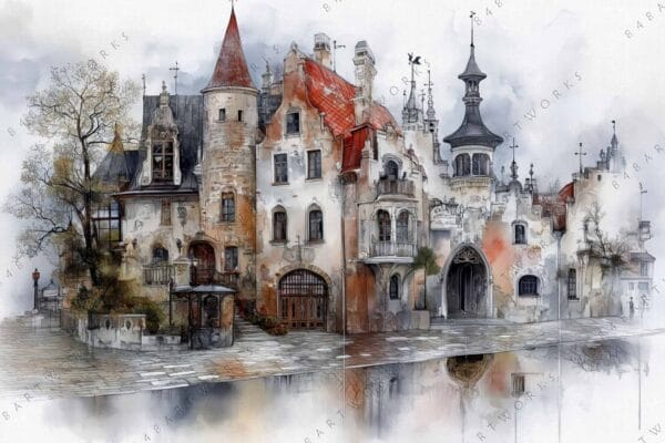 "Whimsical watercolor painting of an old medieval castle with gray and red roofs."