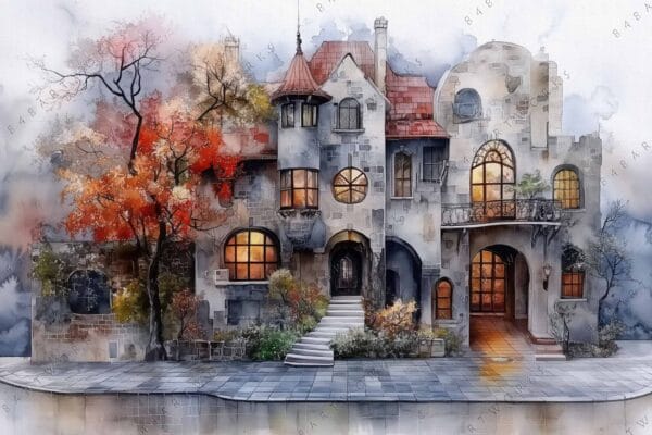 "Watercolor painting of a whimsical stone house with autumn trees and glowing windows."
