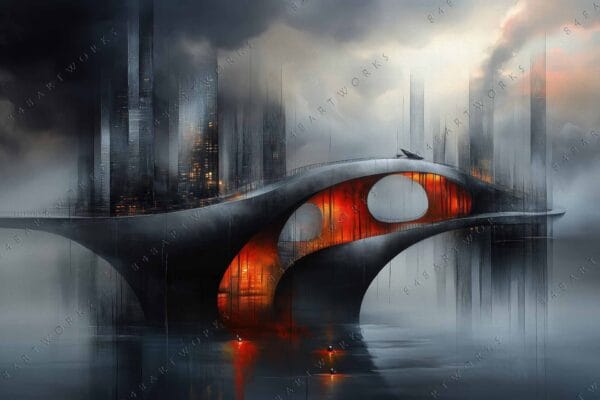"Futuristic digital painting of a bridge against a foggy cityscape with glowing orange lights."