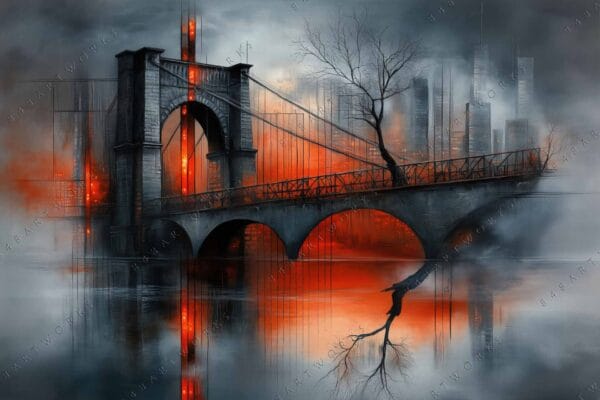 "Surreal digital painting of a bridge with orange lights, foggy skyline reflection."