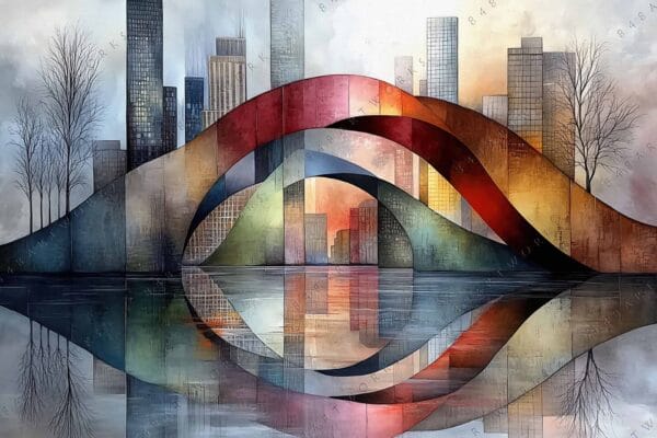 "Abstract digital painting of cityscape with colorful arches and tree reflections in water."