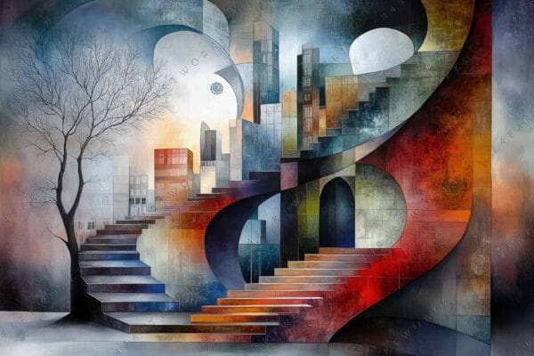 "Abstract digital painting of surreal architecture with swirling stairs in earthy and blue tones."