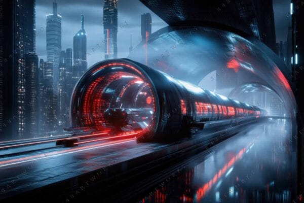 "Futuristic digital art of a neon-lit train in a sci-fi cityscape."