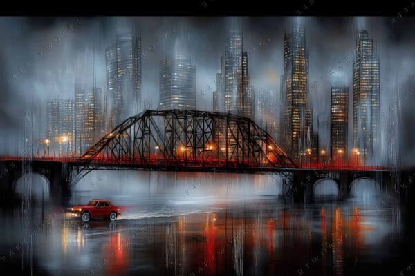 Digital painting of a red car on a rainy bridge, city skyline backdrop.