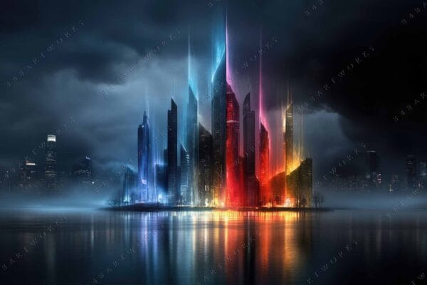 Futuristic digital artwork of a city skyline with multicolored glowing skyscrapers reflected on water.