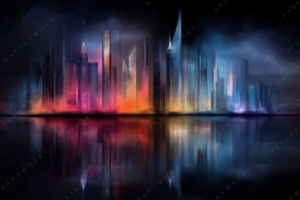 "Futuristic digital art of colorful skyscrapers reflected on water in deep hues."
