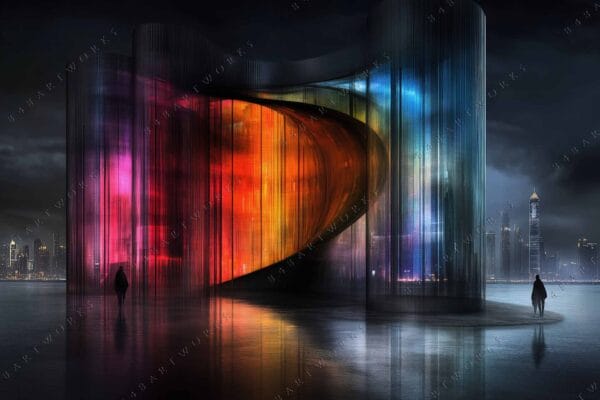 Futuristic digital art of a vibrant, multicolored structure reflecting on water at night.