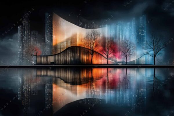Futuristic digital art of cityscape with colorful reflections in water, dark color palette.