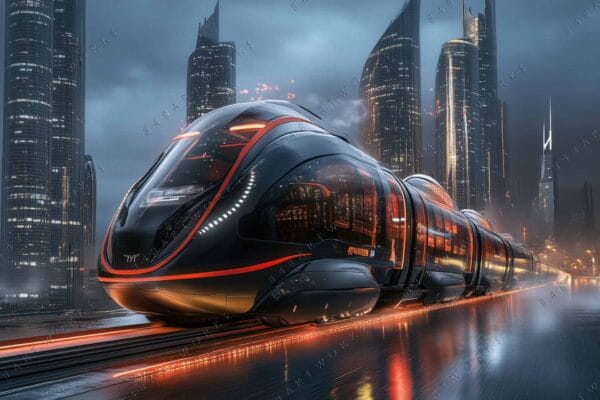 Futuristic digital art of a sleek black train in a rainy cityscape.