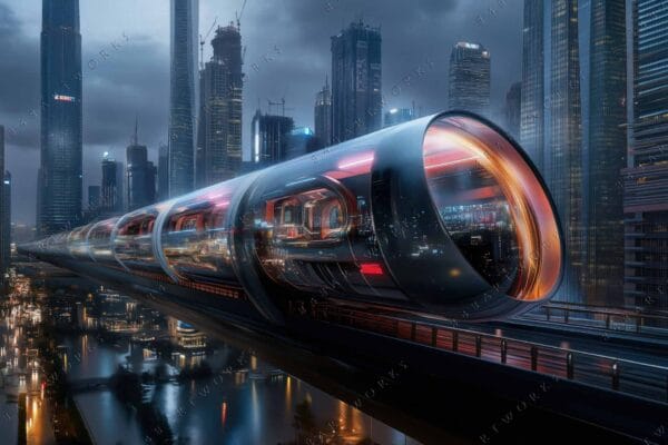 Futuristic digital art of a glowing city with a sleek, high-speed train.