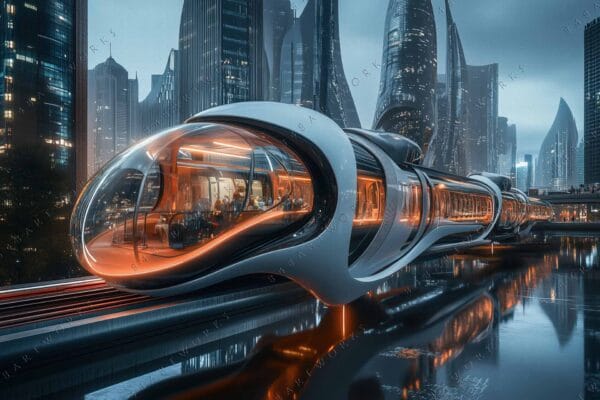 Futuristic digital artwork of a sleek train with glowing orange interior in a cityscape.