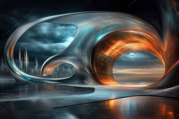 Futuristic digital art of a metallic structure with blue and orange lighting.
