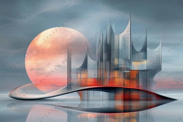 Futuristic digital artwork of abstract architecture beside a large, glowing red planet.