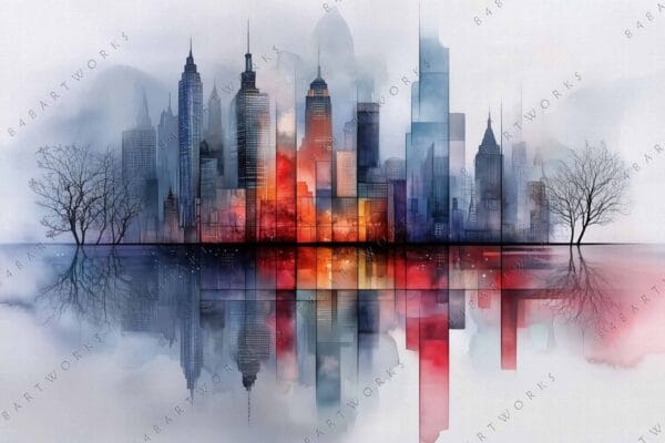 "Surreal digital painting of a vibrant cityscape with reflections and bare trees."