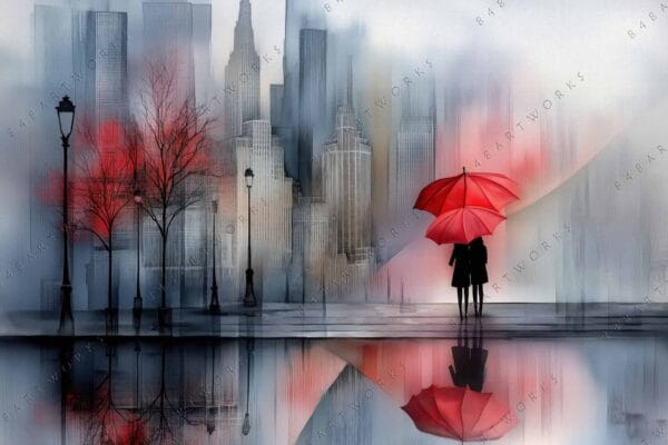 Urban watercolor painting with couple under a red umbrella and misty skyscrapers.