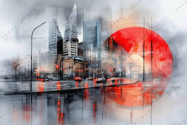 Futuristic digital painting of a cityscape with red geometric overlay and reflective streets.