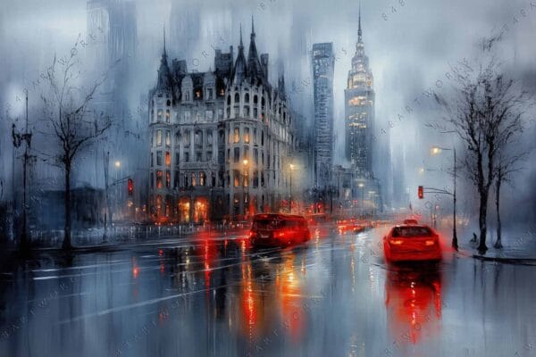 Impressionistic digital art of a rainy city street with glowing lights and red vehicles.
