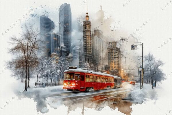 "Digital art of a red streetcar in a snowy cityscape with modern buildings."
