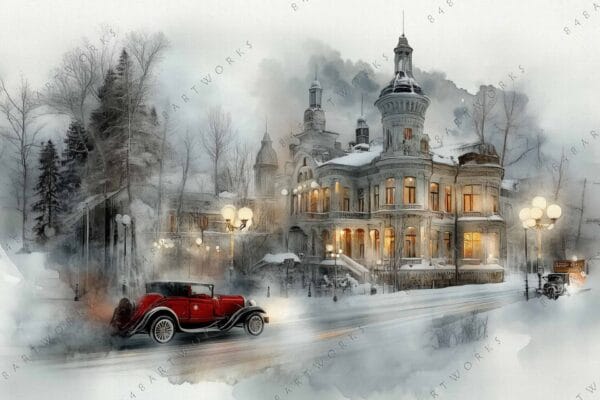 Vintage digital painting of a snowy street with a red car and ornate mansion.
