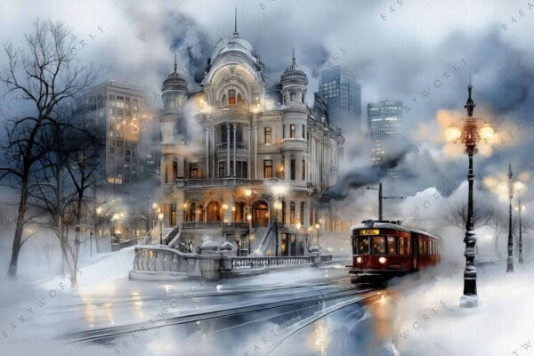 Digital painting of a vintage tram passing an ornate building in a snowy cityscape.