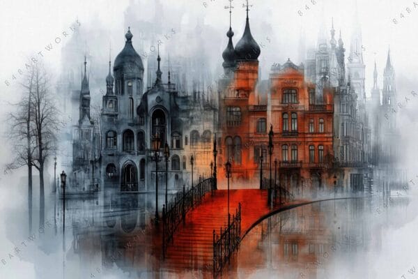 Architectural digital art of ornate buildings in grayscale and red, with misty atmosphere.
