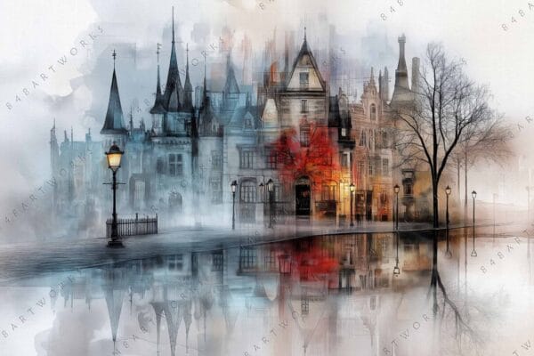 "Digital painting of a misty street with Victorian buildings and reflections in subdued colors."