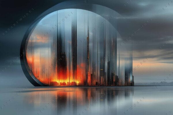 Futuristic digital painting of a cityscape with fiery reflection on water.