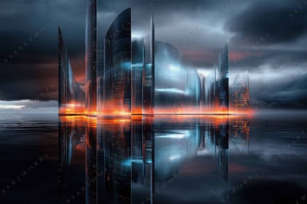 Futuristic digital art of glowing cityscape reflected on water, in blue and orange hues.
