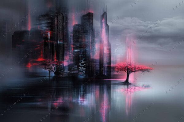 Futuristic digital art of a foggy cityscape with neon red accents and barren trees.