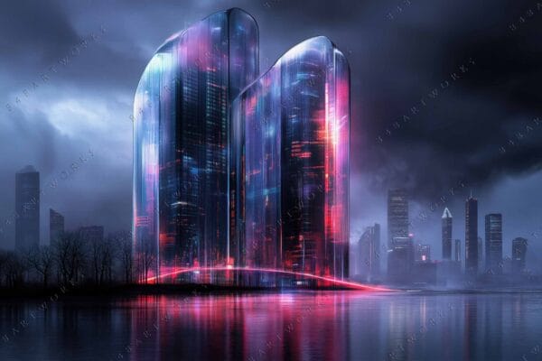 "Futuristic digital art of glowing skyscrapers in a misty night cityscape."