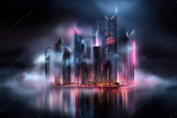 "Futuristic digital art of skyscrapers in neon pink and blue, amid foggy skyline."