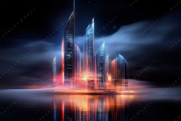 "Futuristic digital art of glowing skyscrapers in misty blue and orange hues."