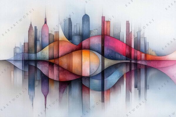 "Abstract digital cityscape with colorful geometric shapes and mirrored reflections."