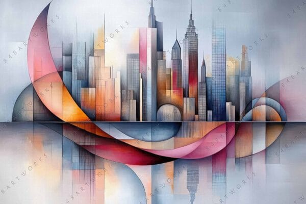 "Futuristic digital painting of a city skyline with abstract geometric shapes in pastel hues."