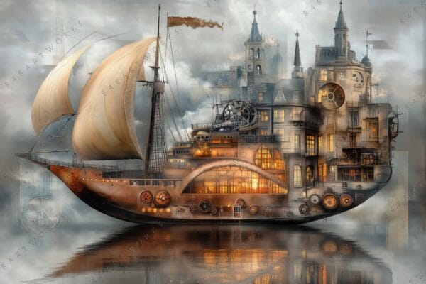 Steampunk digital art of a ship integrated with architectural elements, in warm and cool tones.