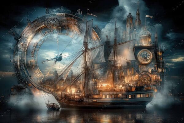 Steampunk digital painting of a sailboat and clockwork city in warm, dusky hues.