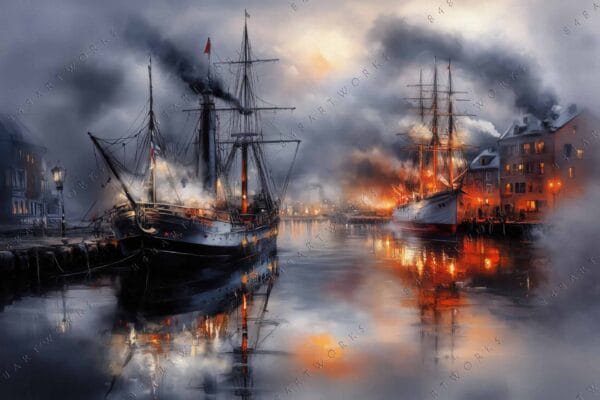 Digital painting of old ships in a misty harbor with glowing orange lights.