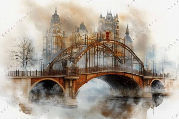 "Digital painting of a foggy cityscape with a detailed arched bridge in warm tones."