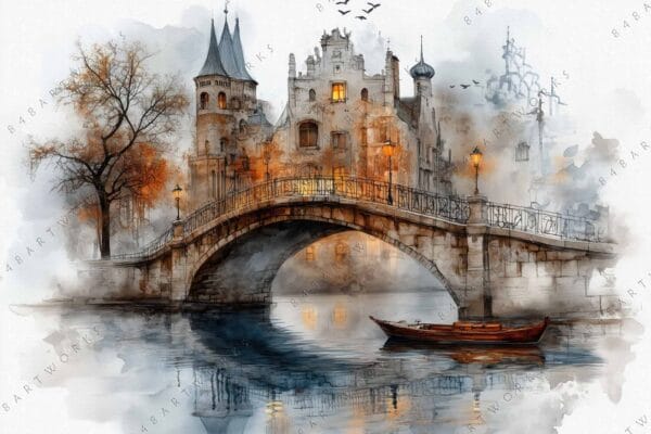 Watercolor illustration of a stone bridge over a river with a castle background.