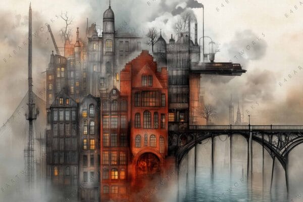 "Whimsical steampunk cityscape, digital art with industrial elements and misty atmosphere."