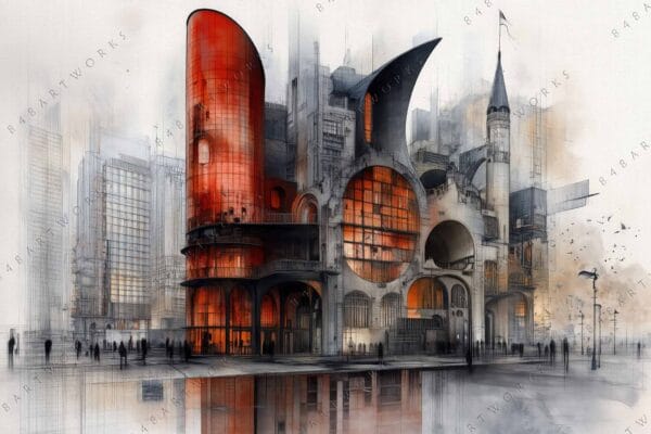 "Futuristic digital art of a cityscape with bold red and gray architectural elements."