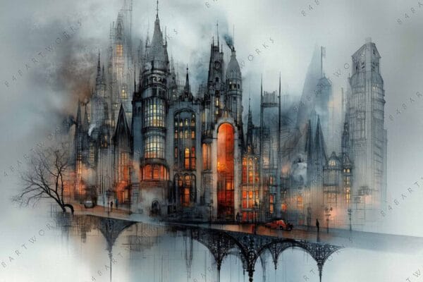 "Surreal digital artwork of Gothic architecture with glowing windows and misty background."