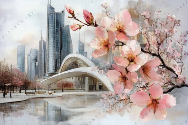 "Digital painting of futuristic cityscape with cherry blossoms in soft pink and gray tones."