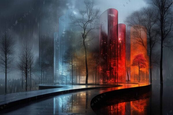 "Futuristic digital art of abstract skyscrapers in blue, red, and orange misty landscape."