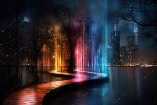 Digital artwork of a neon-lit path beside a lake and city skyline at night.