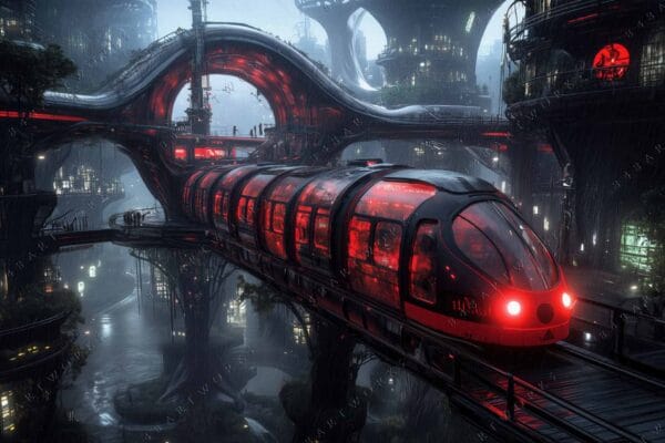 Futuristic digital art of a red monorail in a rainy, neon-lit cityscape.