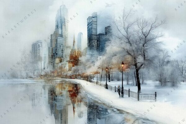Winter cityscape painting with snow-covered park, tall buildings, and soft gray-blue tones.