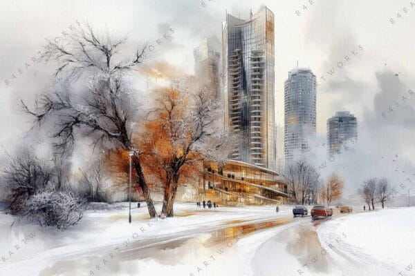 Winter cityscape digital painting with skyscrapers, bare trees, and snow-covered ground in muted tones.